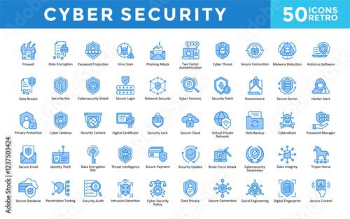 Cybersecurity icons set with firewall, data encryption, password protection, virus scan, phishing attack, two factor authentication, cyber threat, secure connection icon. Simple retro vector 
