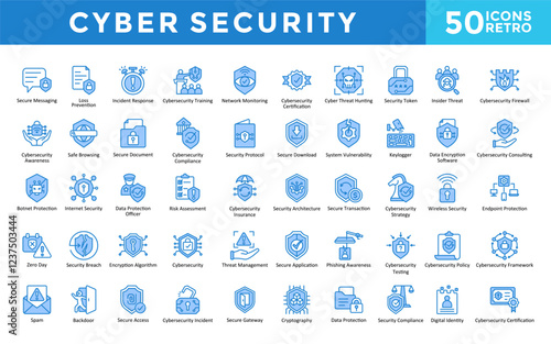 Cybersecurity icons set with secure messaging, data loss prevention, incident response, cybersecurity training, network monitoring, cybersecurity certification icon. Simple retro vector 
