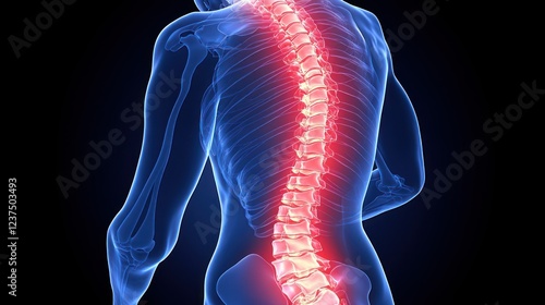 Human Anatomy: Spinal Column and Vertebrae with highlighted lower back pain