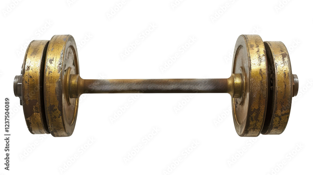 Fototapeta premium Old gold dumbbell isolated on transparent background for fitness concepts