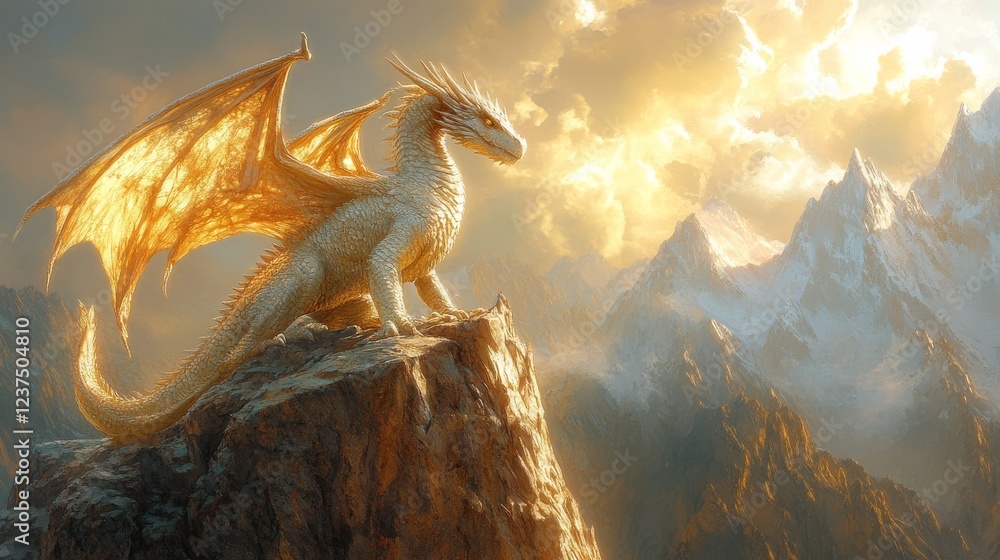 Dragon's Lair: Majestic Creature Perched on Jagged Mountain Peak in Fantasy Landscape Illustration Dragon's Lair: Majestic Creature Perched on Jagged Mountain Peak in Fantasy Landscape Illustration