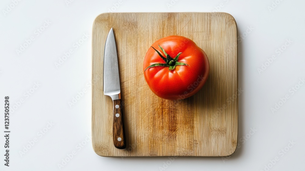 Fresh Red Tomato and Chef Knife on Wooden Cutting Board Fresh Red Tomato and Chef Knife on Wooden Cutting Board