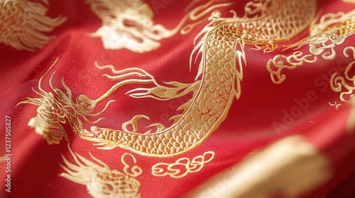 vibrant red Tang suit adorned with golden dragon motifs, perfectly displayed on a white backdrop for clarity. photo