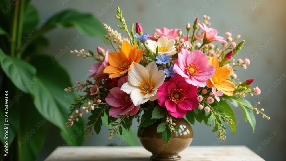 Vibrant Spring Bouquet in Earthenware Vase, a Colorful Arrangement of Delicate Blooms and Lush Greenery, Perfect for Festive Celebrations or Thoughtful Gifts Vibrant Spring Bouquet in Earthenware Vase, a Colorful Arrangement of Delicate Blooms and Lush Greenery, Perfect for Festive Celebrations or Thoughtful Gifts