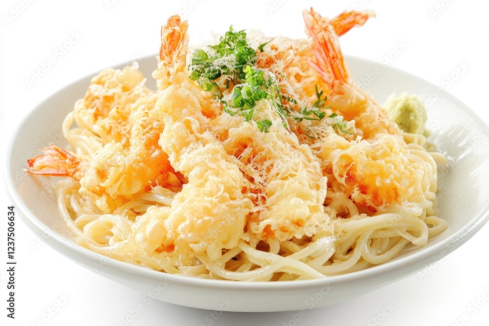 Tempura Shrimp and Noodles in a White Bowl Tempura Shrimp and Noodles in a White Bowl