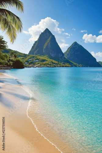 Fototapeta Naklejka Na Ścianę i Meble -  Turquoise water lapping sandy beach in saint lucia with majestic pitons in background