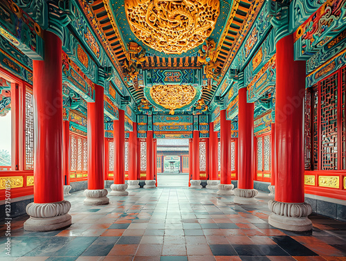 A majestic view from inside a traditional Chinese temple