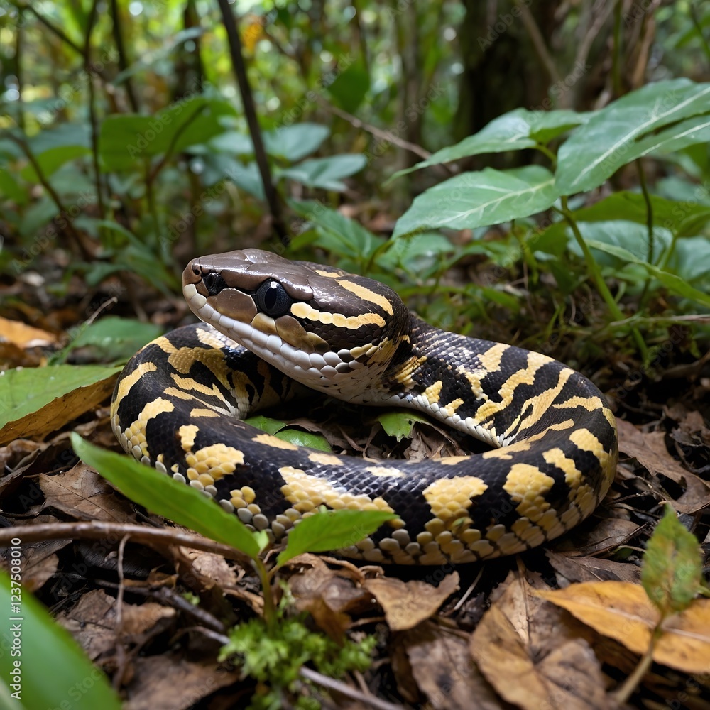 Forest Adventure: Juvenile Ball Python Exploring Leaf-Littered Ground with Distinctive Markings Forest Adventure: Juvenile Ball Python Exploring Leaf-Littered Ground with Distinctive Markings