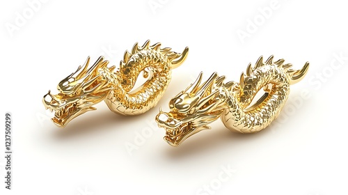 Two golden dragon figurines on white background; decorative, auspicious symbols; ideal for Asian culture or fantasy themes photo