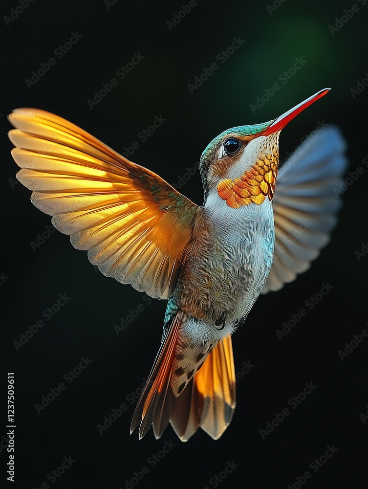Fototapeta premium Hummingbird hovering with outstretched wings on dark background