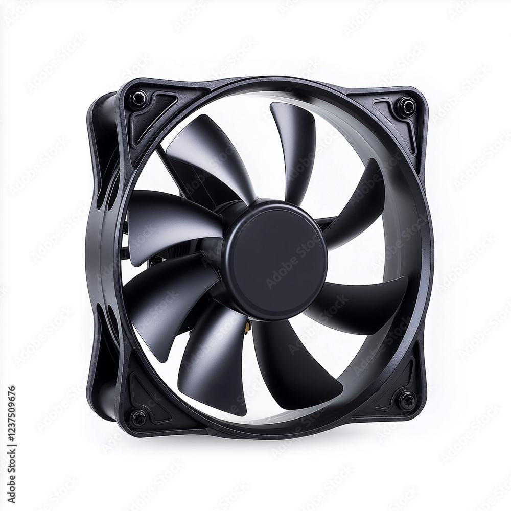 Black cooling fan with seven blades rotating on white background Black cooling fan with seven blades rotating on white background