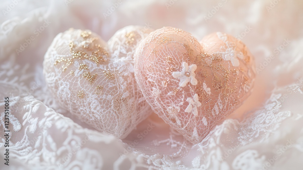 Two intertwined hearts surrounded by delicate lace patterns, featuring subtle gold accents and a soft pink gradient Two intertwined hearts surrounded by delicate lace patterns, featuring subtle gold accents and a soft pink gradient