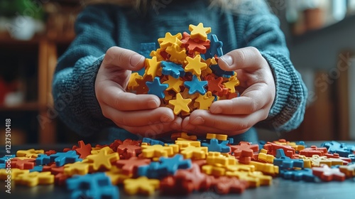 Child playing with colorful star-shaped toys at home