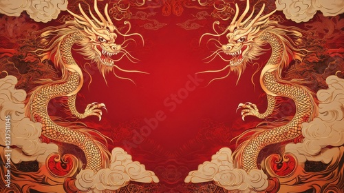 Wallpaper Mural Majestic Dual Dragons in Ornate Style on Vibrant Red Background Torontodigital.ca