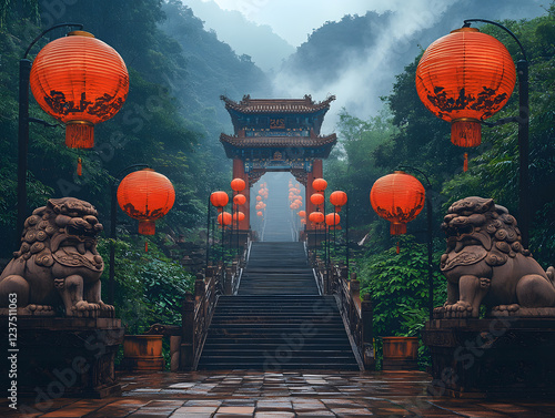 A grand staircase leading up to an ancient Chinese temple photo