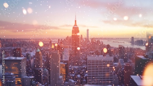 Snowy NYC sunset skyline; city buildings, winter twilight