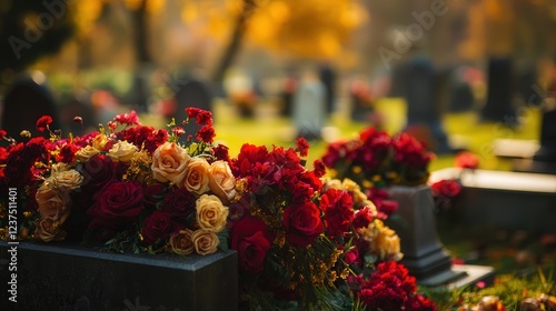 Wreaths of red and gold flowers placed in neat arrangements on tombstones photo