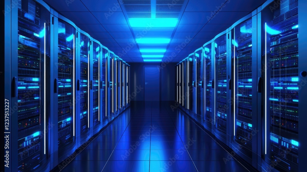 Modern server room with glowing blue-lit racks, sleek architecture, and high-tech ambiance. Ideal for technology, IT infrastructure, and data center themes Modern server room with glowing blue-lit racks, sleek architecture, and high-tech ambiance. Ideal for technology, IT infrastructure, and data center themes