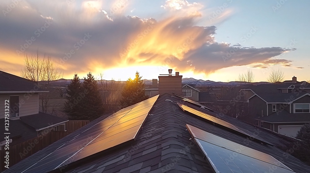 Obraz premium Rooftop solar panels sunset, mountain view, residential neighborhood