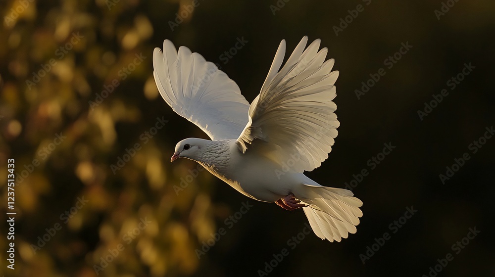 Obraz premium White dove in flight, sunset, nature, peace. Stock photo for peace, hope, freedom
