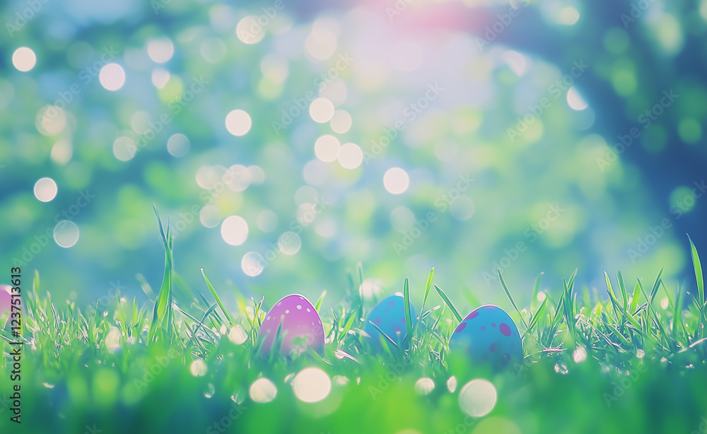 easter eggs on green grass meadow field spring season
