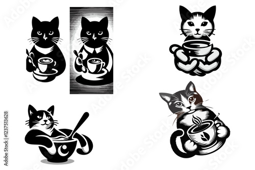 cat and bowl mascot logo, suitable for logo design for cat food advertisements, cat food packaging, t-shirts, cat restaurants, cat cafes, cat day care, pet animals, pet cats