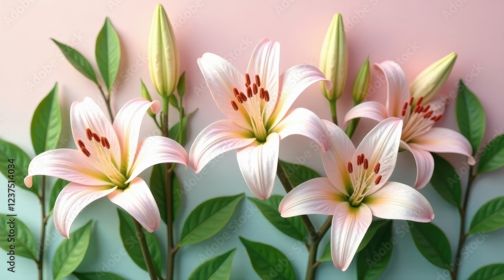 Fototapeta premium Delicate Pink Lilies in Full Bloom, Gracefully Arranged on a Subtle Gradient Background, Showcasing the Exquisite Details of Each Petal and the Vibrant Green Foliage