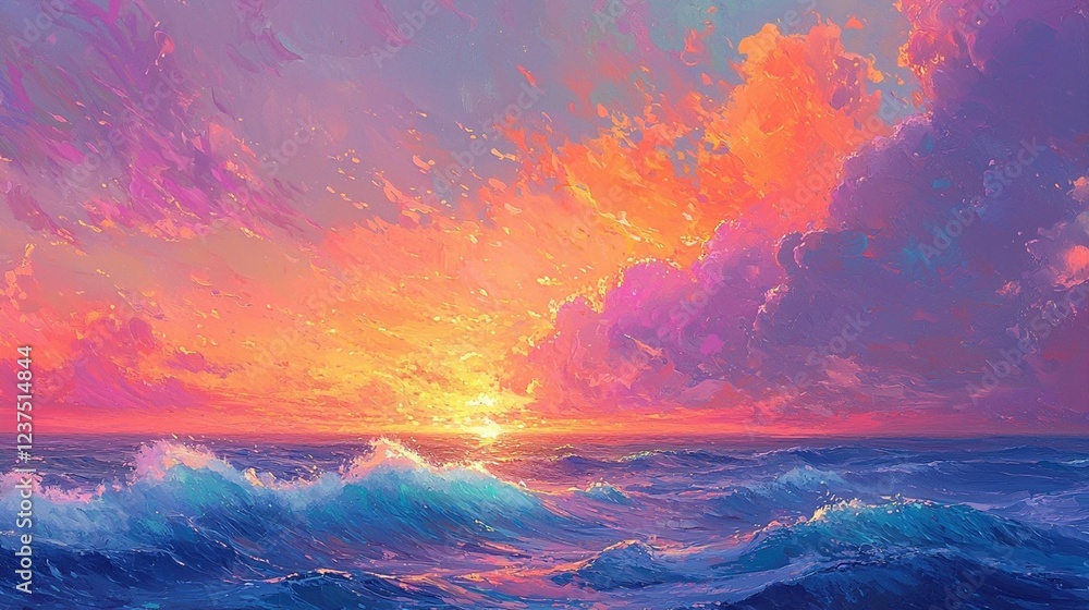 Ocean Sunset, Vibrant Clouds, Waves Ocean Sunset, Vibrant Clouds, Waves