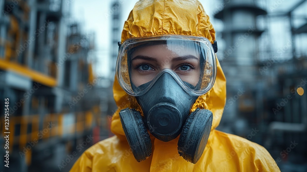Woman in Hazmat Suit at Industrial Site Woman in Hazmat Suit at Industrial Site