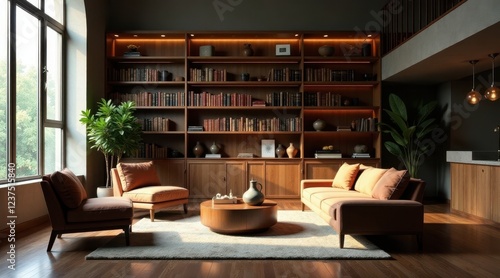 Wallpaper Mural Serene Living Room with Warm Lighting, Luxurious Furniture, and Extensive Book Collection Torontodigital.ca