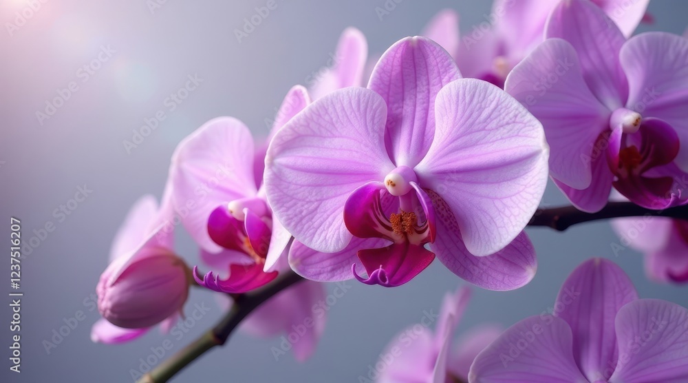 A cluster of delicate pink orchids, showcasing their intricate petals and vibrant color, bathed in soft sunlight, exhibiting a serene and tranquil beauty A cluster of delicate pink orchids, showcasing their intricate petals and vibrant color, bathed in soft sunlight, exhibiting a serene and tranquil beauty
