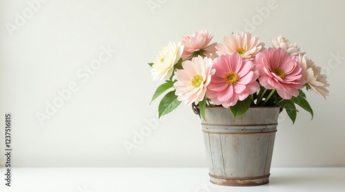 Wallpaper Mural A delicate arrangement of pastel pink and cream blossoms, artfully presented in a rustic wooden bucket, creates a serene and charming floral display. Torontodigital.ca