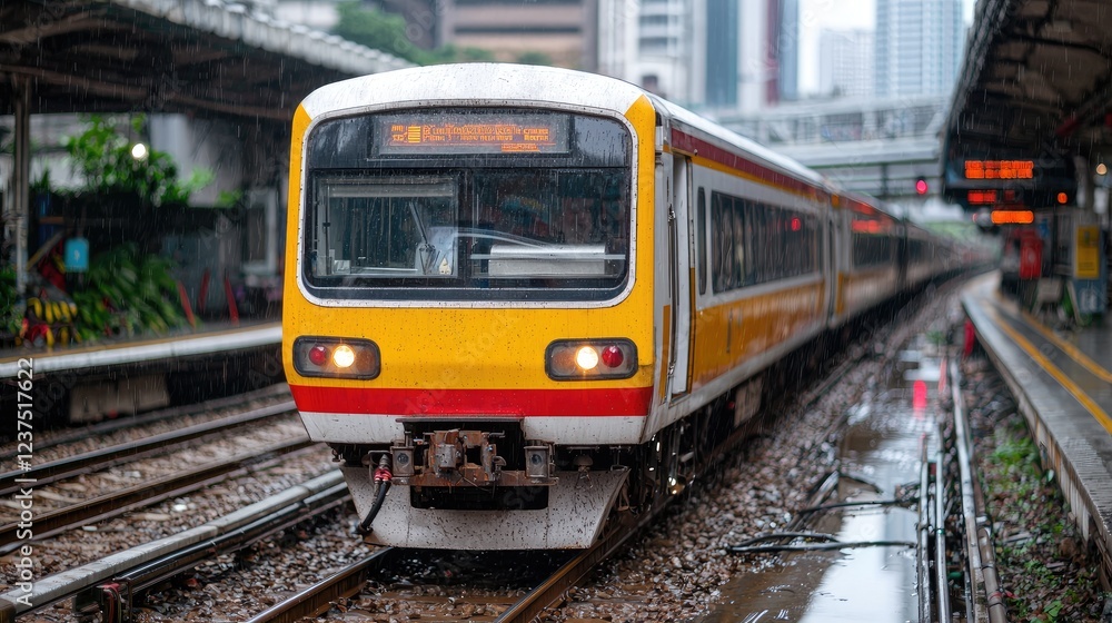 Naklejka premium Commuter train at city station on rainy day