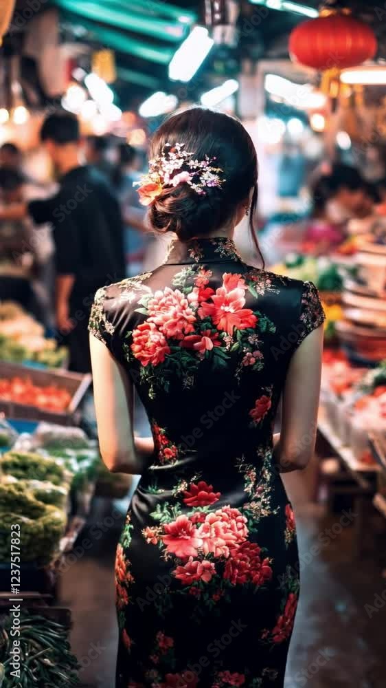 Elegant Woman in a Cheongsam at a Vibrant Night Market Elegant Woman in a Cheongsam at a Vibrant Night Market
