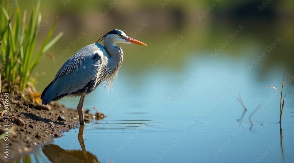 A serene grey heron wading in tranquil shallow water, its reflection mirrored on the surface, surrounded by lush greenery A serene grey heron wading in tranquil shallow water, its reflection mirrored on the surface, surrounded by lush greenery