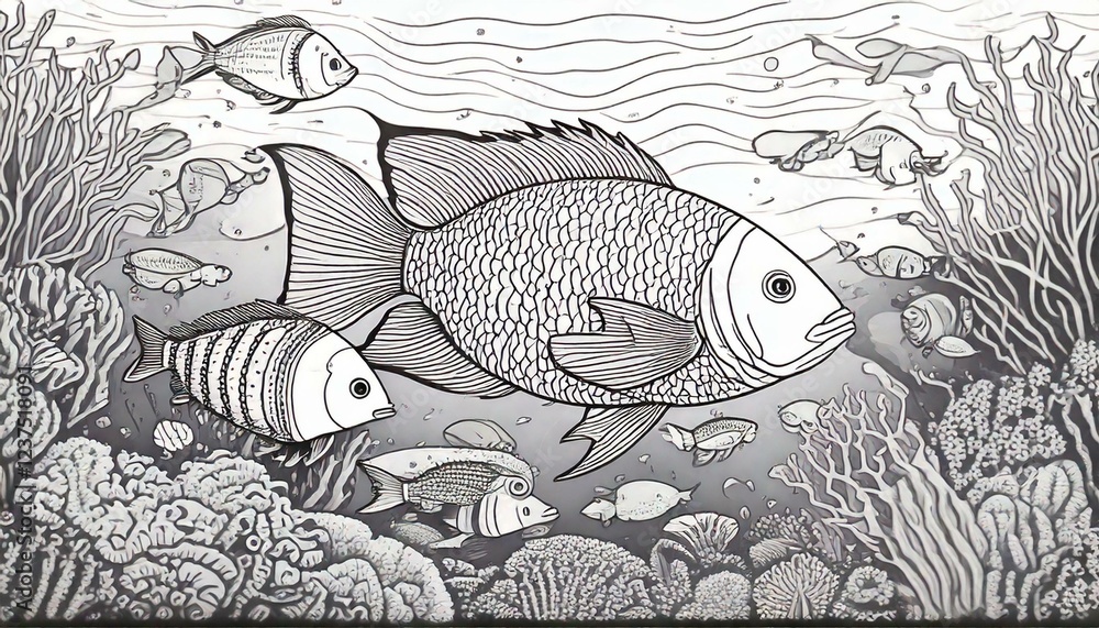 海中を泳ぐ魚の塗り絵 ファンタジー 複雑な模様