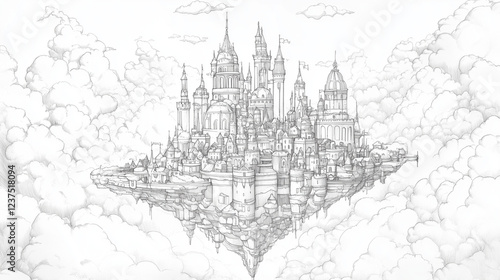 お城がある空中に浮かぶ空中都市の塗り絵　ファンタジー
