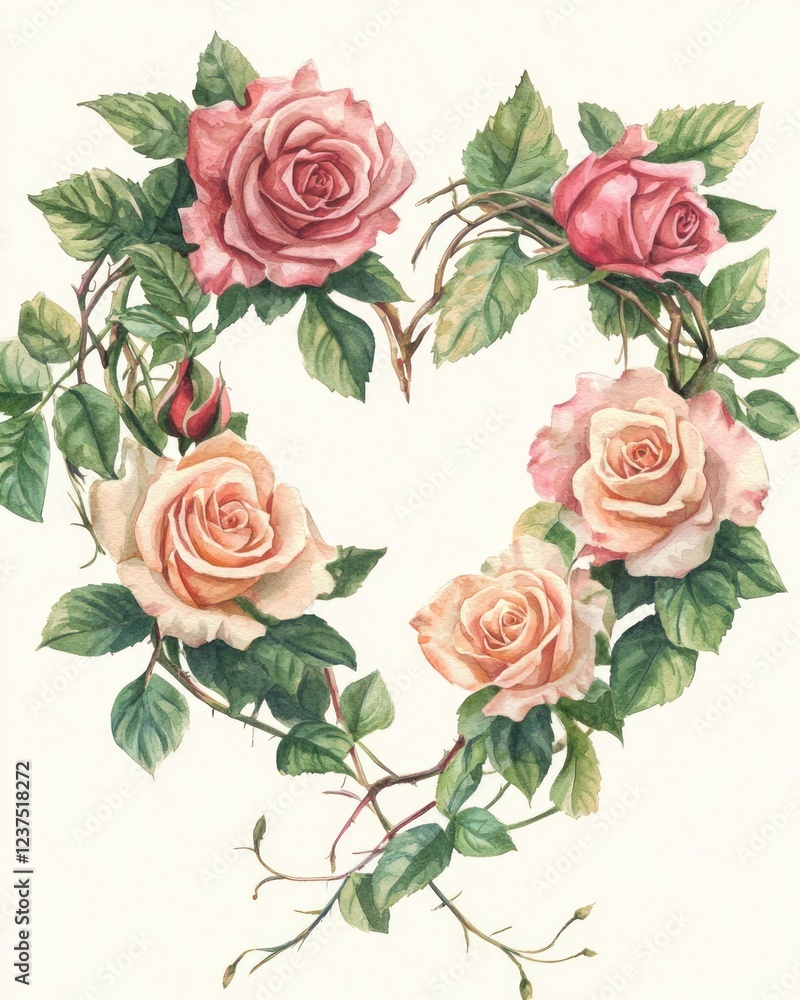 Naklejka premium Watercolor illustration of pink and red roses arranged in a heart shape with green leaves and white background