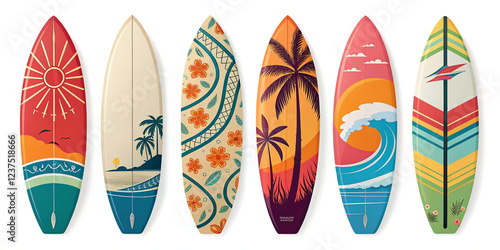 Dynamic Collection of Colorful Surfboards Isolated on a Clean Background for Beach Vibes