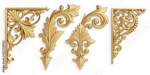 Elegant Collection of Golden Corner Ornaments Isolated for Luxurious Decor