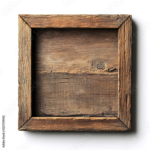 Rustic wooden square frame, isolated on white background, for design element, mockup photo