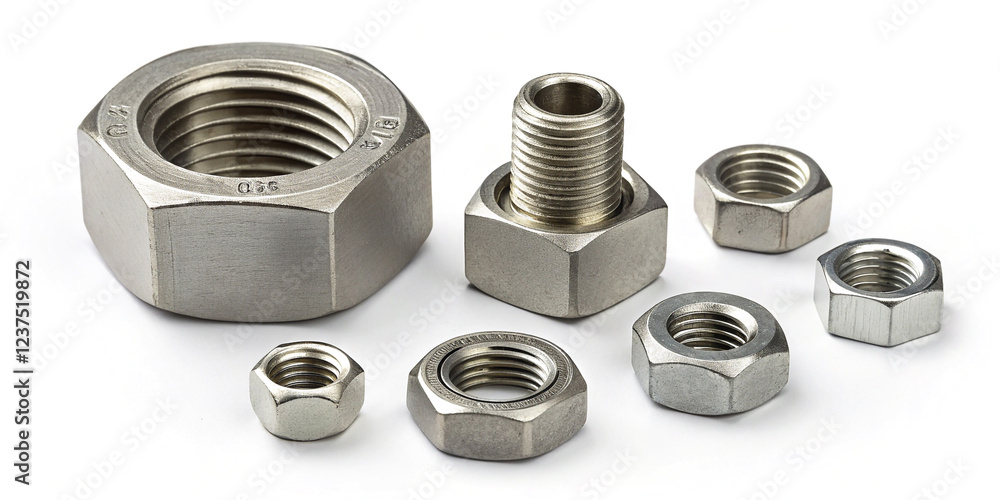 Dynamic Collection of Metal Nuts Isolated on a Bright Background for Industrial Applications Dynamic Collection of Metal Nuts Isolated on a Bright Background for Industrial Applications