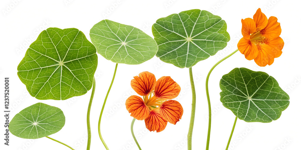 Fototapeta premium Fresh Collection of Nasturtium Leaves Isolated on a Clean Background for Culinary Use