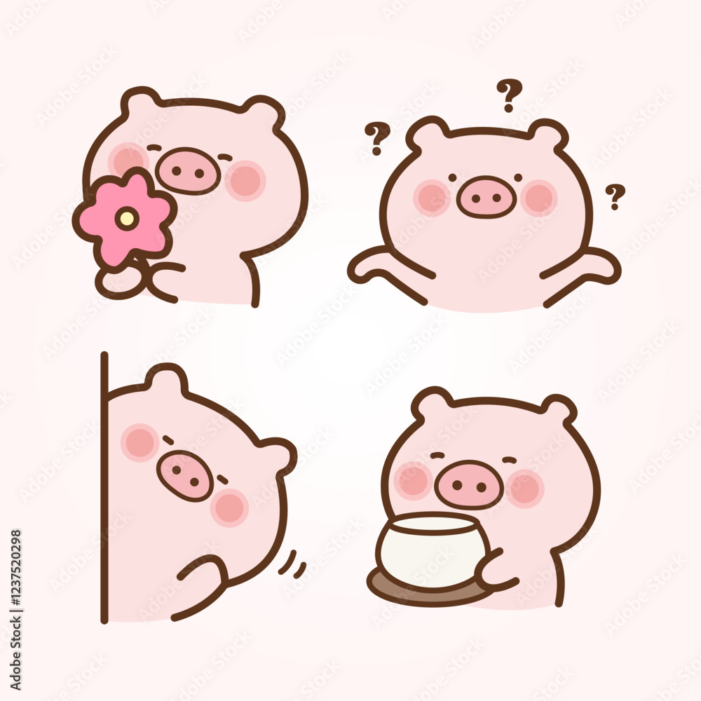 Vector cartoon illustration of cute pig sticker set Concept Isolated Flat Vector cartoon illustration of cute pig sticker set Concept Isolated Flat