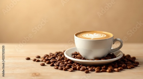 Aromatic Latte Art A Cup of Delightful Coffee with Roasted Beans on a Wooden Surface