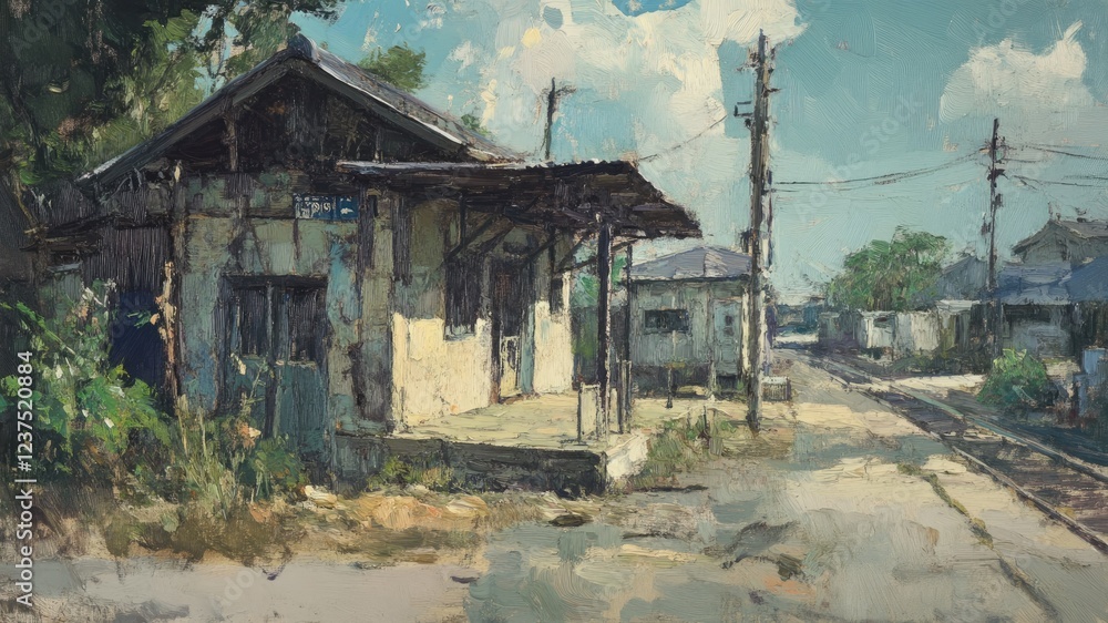 Fototapeta premium 古い田舎の駅の油絵_1