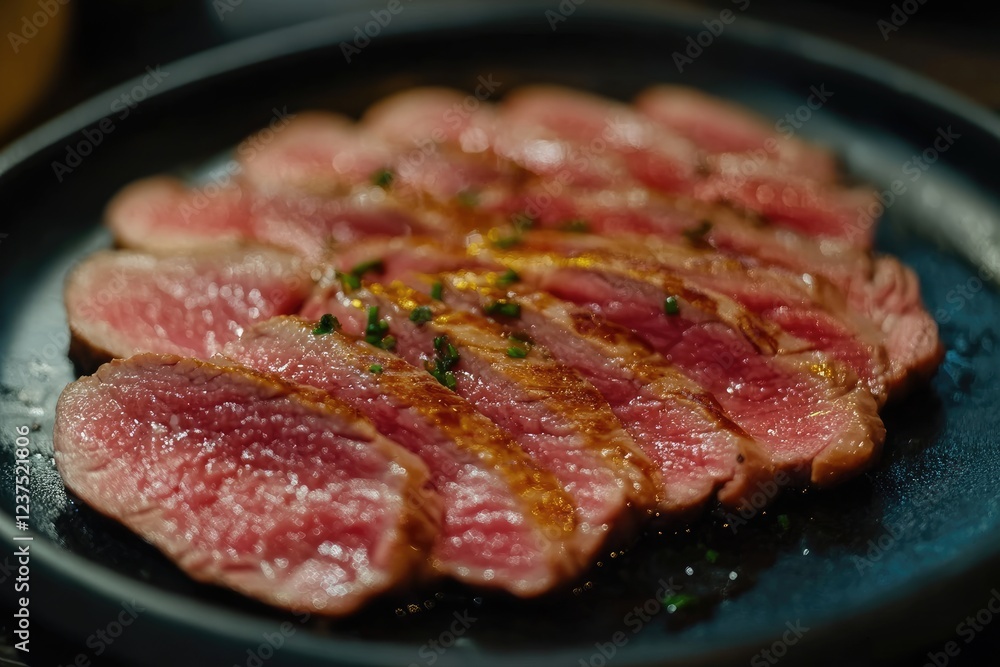Slices of seared meat garnished with herbs Slices of seared meat garnished with herbs