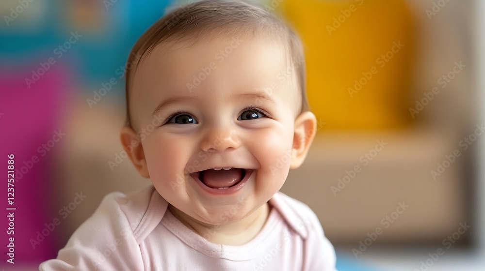 Adorable Smiling Baby in a Bright Room Making Eye Contact with a Happy Expression : Generative AI Adorable Smiling Baby in a Bright Room Making Eye Contact with a Happy Expression : Generative AI
