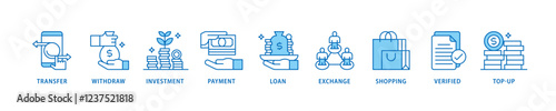 Mobile banking icon set flow process which consists of transfer, withdraw, investment, payment, loan, exchange, shopping, verified and top-up icon live stroke and easy to edit .