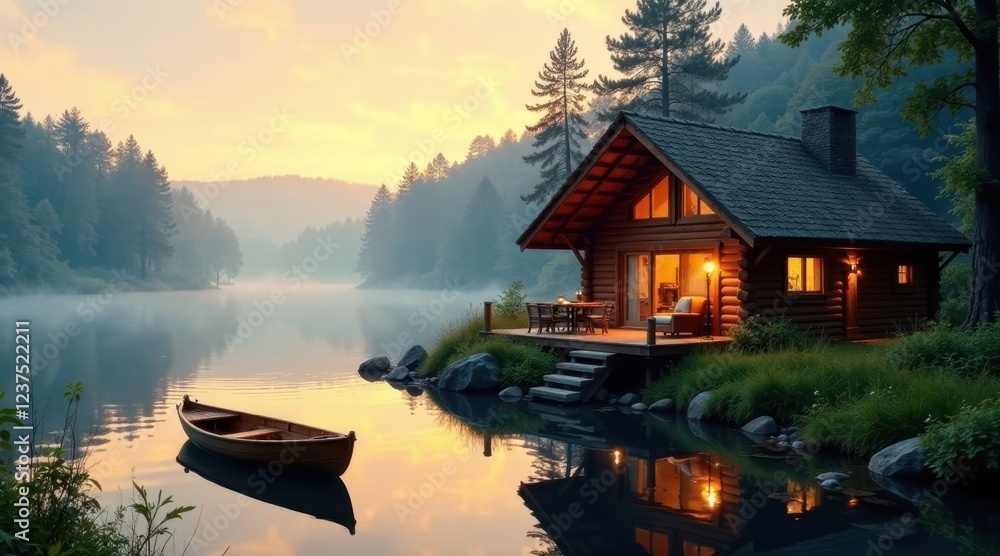 Fototapeta premium Serene Lakeside Log Cabin at Dawn Tranquil Waters Reflecting Golden Sunrise Light on Rustic Wooden Structure, Small Rowboat Gently Floating Near Shore